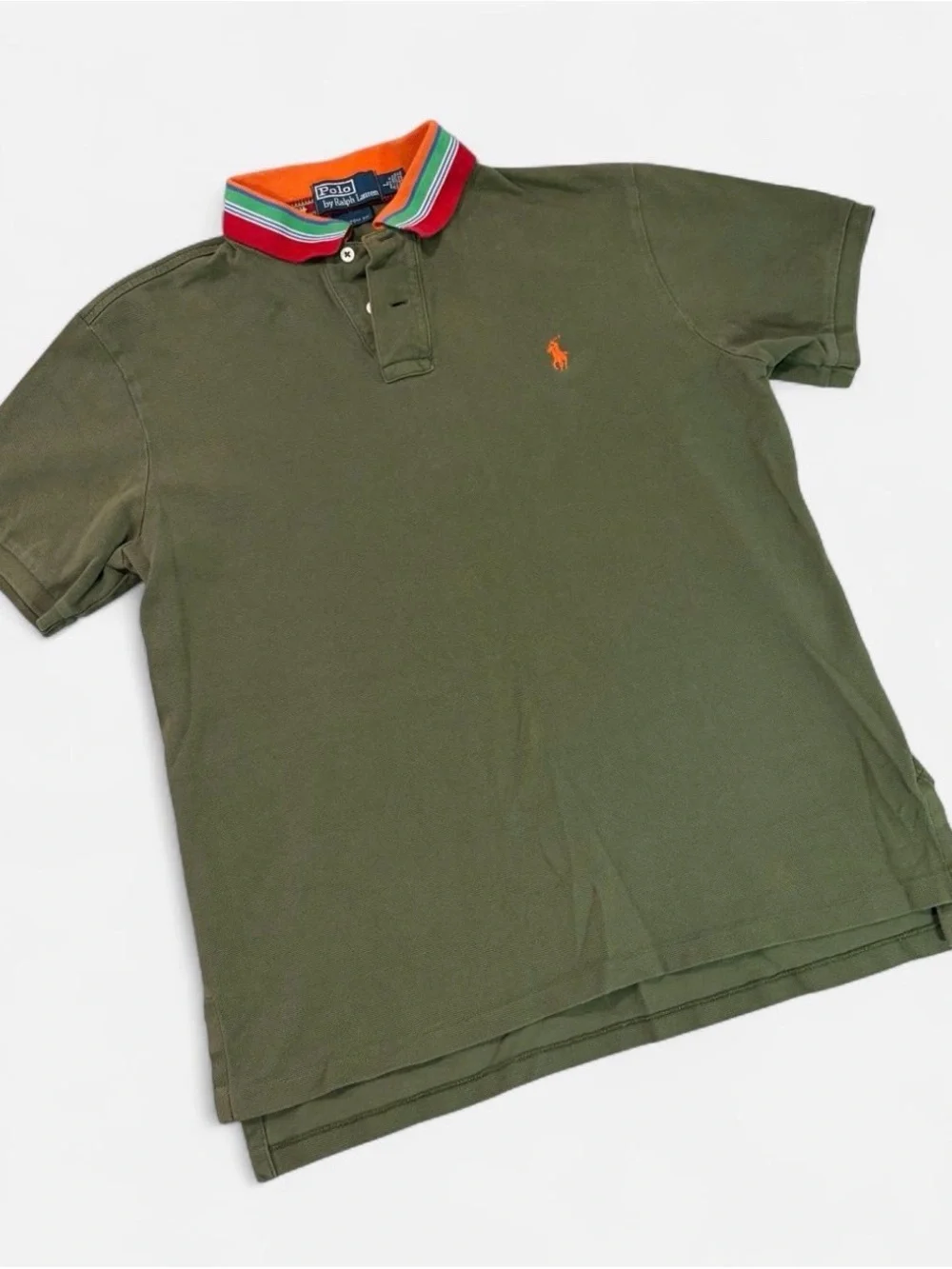 Polo by Ralph Lauren Olive Polo with Orange & Multicolor Stripe Collar